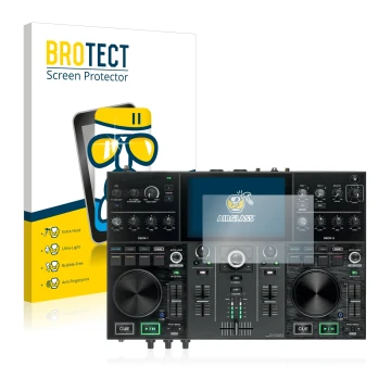 Front side of a product packaging with the brand logo BROTECT. Next to it is the device Denon DJ Prime Go shown with the corre