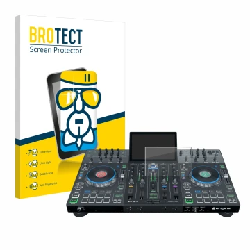 Front side of a product packaging with the brand logo BROTECT. Next to it is the device Denon DJ Prime 4 shown with the corres