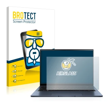 Front side of a product packaging with the brand logo BROTECT. Next to it is the device ASUS ZenBook S13 OLED shown with the c