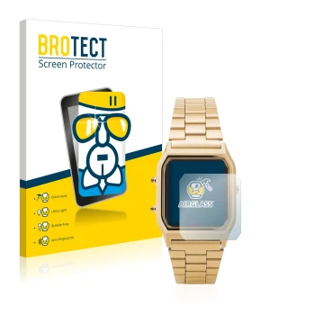 Front side of a product packaging with the brand logo BROTECT. Next to it is the device Casio AQ-230GA shown with the correspo