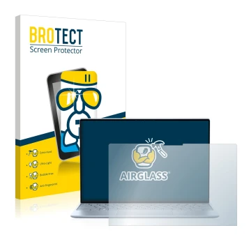 Front side of a product packaging with the brand logo BROTECT. Next to it is the device Dell XPS 13 9315 Touch shown with the 