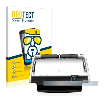 Front side of a product packaging with the brand logo BROTECT. Next to it is the device Tefal OptiGrill Elite XL shown with th