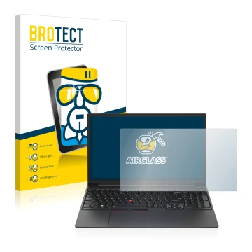 Front side of a product packaging with the brand logo BROTECT. Next to it is the device Lenovo ThinkPad E15 Gen 4 shown with t