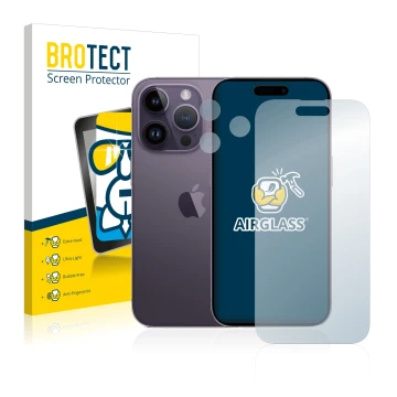 Front side of a product packaging with the brand logo BROTECT. Next to it is the device Apple iPhone 14 Pro (Front+Camera) sho