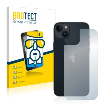 Front side of a product packaging with the brand logo BROTECT. Next to it is the device Apple iPhone 14 Plus (Back) shown with