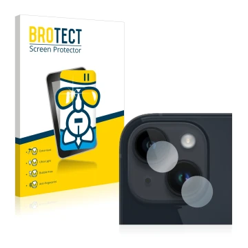 Front side of a product packaging with the brand logo BROTECT. Next to it is the device Apple iPhone 14 Plus (ONLY Camera Lens