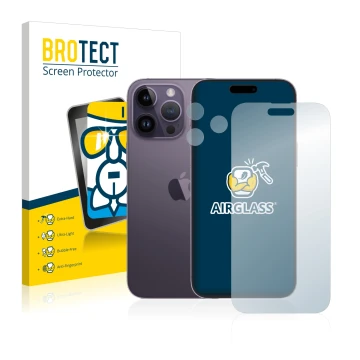 Front side of a product packaging with the brand logo BROTECT. Next to it is the device Apple iPhone 14 Pro Max (Front+Camera)