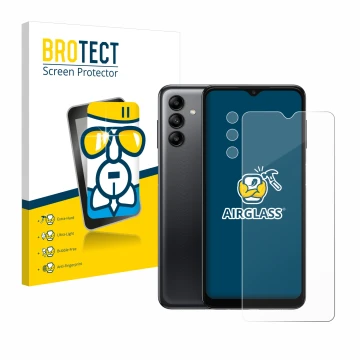 Front side of a product packaging with the brand logo BROTECT. Next to it is the device Samsung Galaxy A04s (Front+Camera) sho