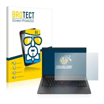 Front side of a product packaging with the brand logo BROTECT. Next to it is the device Lenovo ThinkPad E14 Gen 4 shown with t