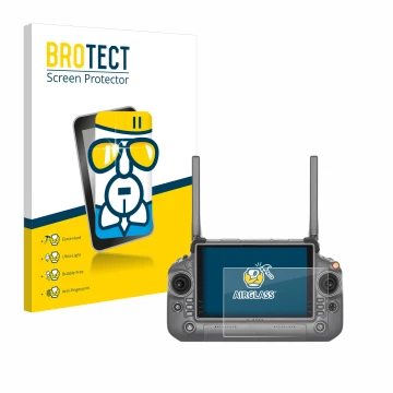 Front side of a product packaging with the brand logo BROTECT. Next to it is the device DJI RC Plus shown with the correspondi