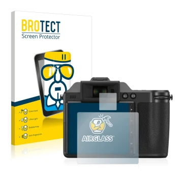 Front side of a product packaging with the brand logo BROTECT. Next to it is the device Hasselblad X2D 100C shown with the cor