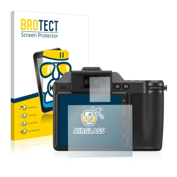 Front side of a product packaging with the brand logo BROTECT. Next to it is the device Fujifilm X-H2 shown with the correspon