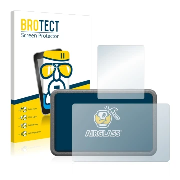 Front side of a product packaging with the brand logo BROTECT. Next to it is the device DJI Osmo Action 3 shown with the corre