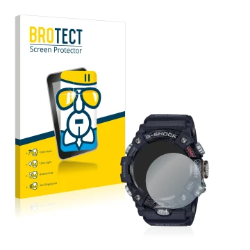 Front side of a product packaging with the brand logo BROTECT. Next to it is the device Casio G-Shock Mudmaster GG-B100-1AER s
