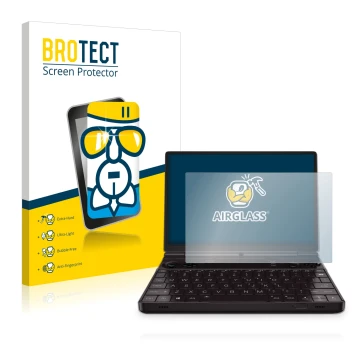Front side of a product packaging with the brand logo BROTECT. Next to it is the device GPD Win Max 2 shown with the correspon