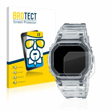 Front side of a product packaging with the brand logo BROTECT. Next to it is the device Casio G-Shock DW-5600SKE-7 shown with 