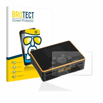 Front side of a product packaging with the brand logo BROTECT. Next to it is the device Junsi iCharger DX8 Duo shown with the 