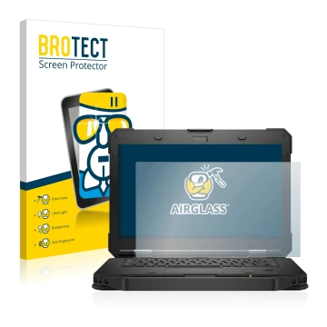 Front side of a product packaging with the brand logo BROTECT. Next to it is the device Dell Latitude 5430 Rugged shown with t