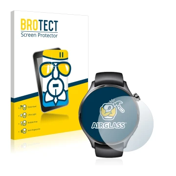 Front side of a product packaging with the brand logo BROTECT. Next to it is the device Xiaomi Watch S1 Pro shown with the cor