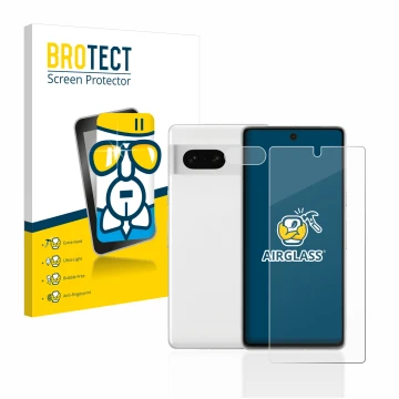 Front side of a product packaging with the brand logo BROTECT. Next to it is the device Google Pixel 7 (Front+Camera) shown wi