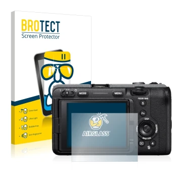 Front side of a product packaging with the brand logo BROTECT. Next to it is the device Sony Alpha FX30 Cinema Line shown with