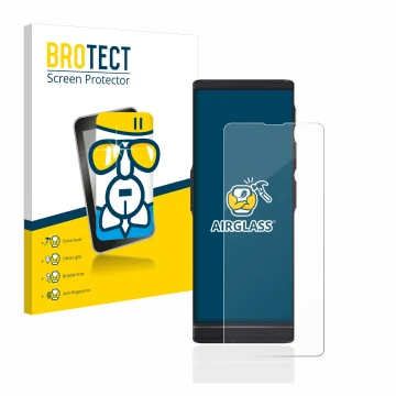 Front side of a product packaging with the brand logo BROTECT. Next to it is the device Vasco Translator V4 shown with the cor