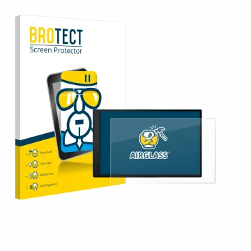 Front side of a product packaging with the brand logo BROTECT. Next to it is the device Garmin DriveSmart 86 shown with the co