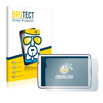 Front side of a product packaging with the brand logo BROTECT. Next to it is the device Zebra ET45 10.1