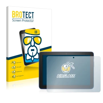 Front side of a product packaging with the brand logo BROTECT. Next to it is the device Amazon Fire HD 8 Plus 2022 shown with 