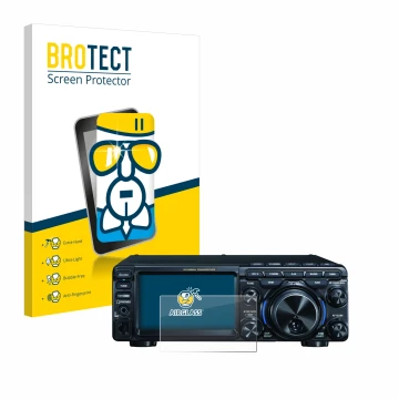 Front side of a product packaging with the brand logo BROTECT. Next to it is the device Yaesu FT-710 shown with the correspond