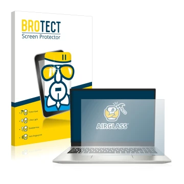 Front side of a product packaging with the brand logo BROTECT. Next to it is the device MSI Prestige 16 shown with the corresp