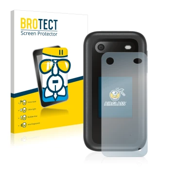Front side of a product packaging with the brand logo BROTECT. Next to it is the device Nokia 2660 Flip (Back) shown with the 