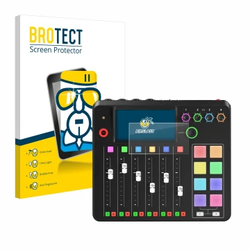 Front side of a product packaging with the brand logo BROTECT. Next to it is the device Rode Rodecaster Pro II shown with the 