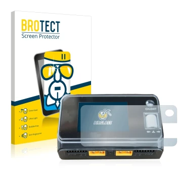 Front side of a product packaging with the brand logo BROTECT. Next to it is the device ToolkitRC M6D Dual Charger shown with 