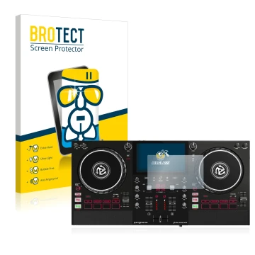 Front side of a product packaging with the brand logo BROTECT. Next to it is the device Numark Mixstream Pro shown with the co