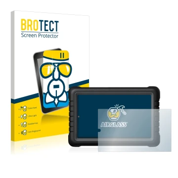 Front side of a product packaging with the brand logo BROTECT. Next to it is the device Launch X-431 PROS V 8