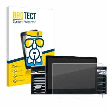 Front side of a product packaging with the brand logo BROTECT. Next to it is the device Ford Transit SYNC 4 shown with the cor