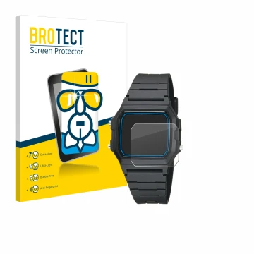 Front side of a product packaging with the brand logo BROTECT. Next to it is the device Casio F-105W-1AWYEF shown with the cor