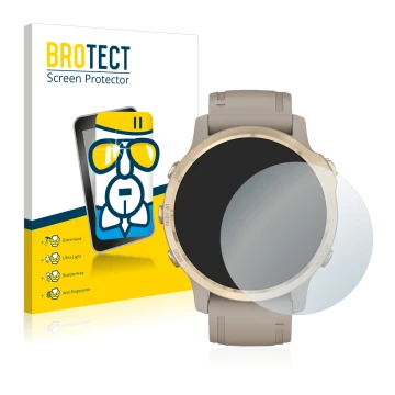 Front side of a product packaging with the brand logo BROTECT. Next to it is the device Garmin Fenix 6S Pro Solar shown with t
