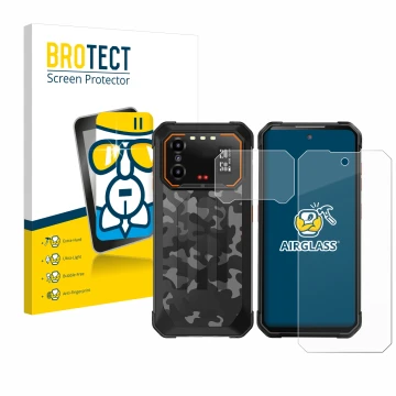 Front side of a product packaging with the brand logo BROTECT. Next to it is the device iiiF150 B1 Pro (Front+Camera) shown wi