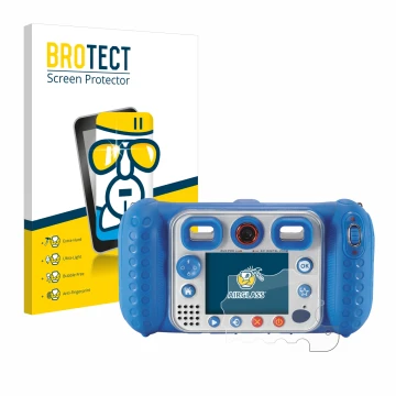 Front side of a product packaging with the brand logo BROTECT. Next to it is the device Vtech Kidizoom Duo Pro shown with the 