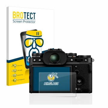 Front side of a product packaging with the brand logo BROTECT. Next to it is the device Fujifilm X-T5 shown with the correspon