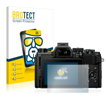 Front side of a product packaging with the brand logo BROTECT. Next to it is the device Olympus OM System OM-5 shown with the 
