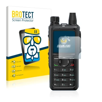 Front side of a product packaging with the brand logo BROTECT. Next to it is the device Hytera HP 685 shown with the correspon