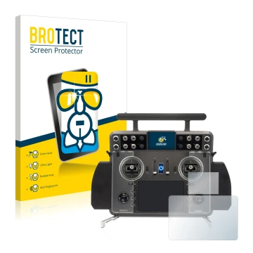 Front side of a product packaging with the brand logo BROTECT. Next to it is the device FrSky Tandem XE 2 shown with the corre