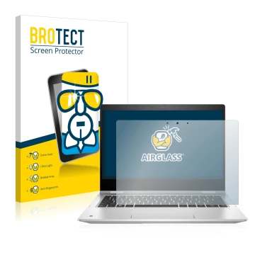 Front side of a product packaging with the brand logo BROTECT. Next to it is the device HP ProBook x360 435 G9 shown with the 