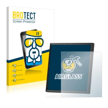 Front side of a product packaging with the brand logo BROTECT. Next to it is the device Divoom Pixoo-64 shown with the corresp