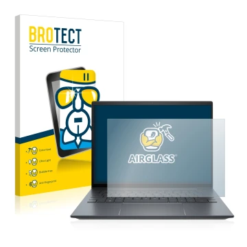 Front side of a product packaging with the brand logo BROTECT. Next to it is the device HP Elite Dragonfly G3 shown with the c