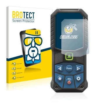 Front side of a product packaging with the brand logo BROTECT. Next to it is the device Bosch GLM 50-25 G shown with the corre