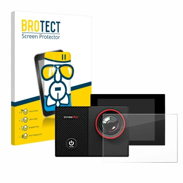 Front side of a product packaging with the brand logo BROTECT. Next to it is the device Akaso EK7000 Pro shown with the corres
